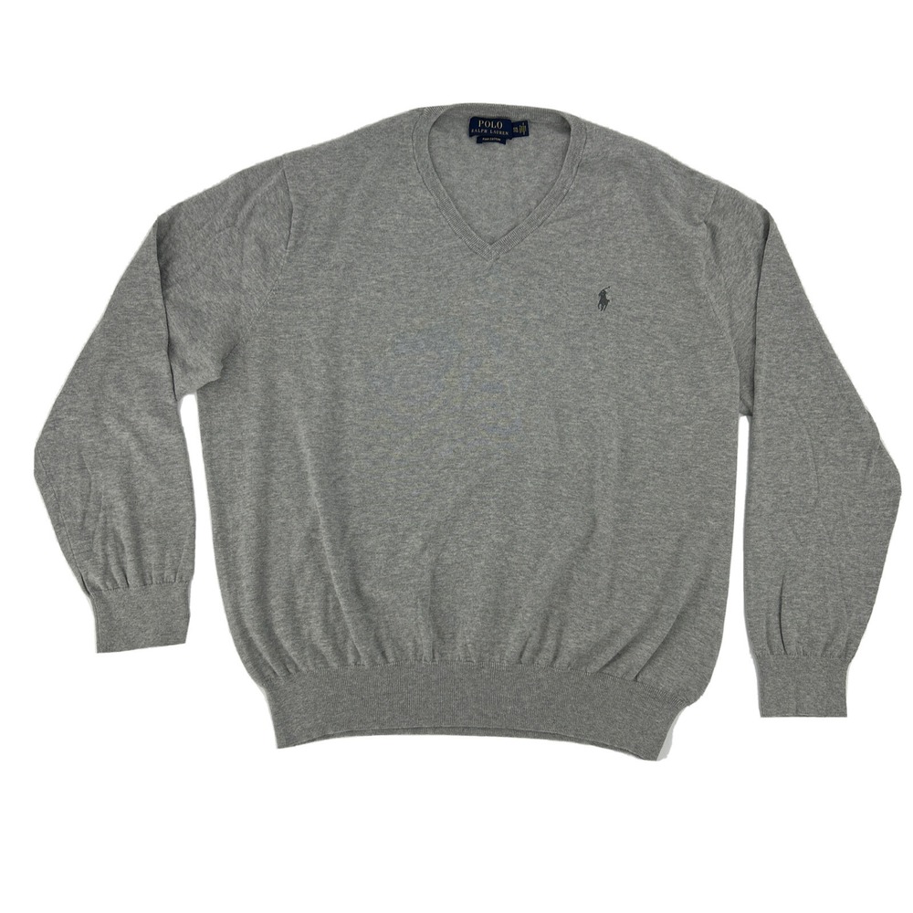 Polo Ralph Lauren Sweater Men's XXL Gray Long Sleeve V-Neck Pima Cotton Preppy